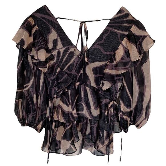 Ted Baker Jasmyna Metallic Purple Tiered Ruffled Puff Sleeve Top NWT Size 0/US 2 - Picture 4 of 7